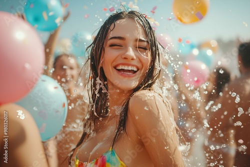 Songkran Festival in Thailand, Summer Splashing of A young woman in a refreshing waterbomb, radiates pure joy amidst a vibrant summer party, playful waterbomb creating a symphony of carefree