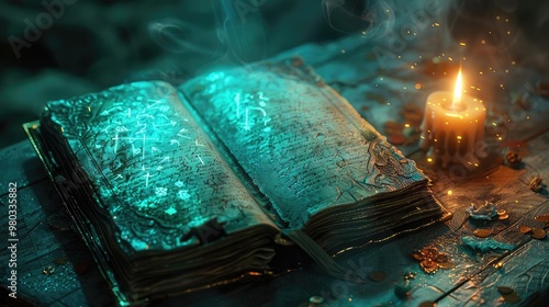 An old, magical book glows with ethereal light, illuminated by a flickering candle.