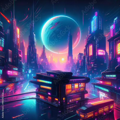 Cyberpunk Futuristic Cityscape with Neon Lights and Planet in Background