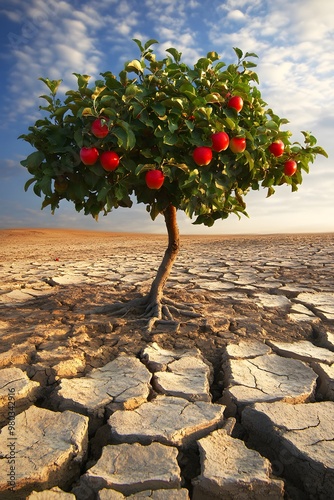 An apple tree stands alone in a dry, cracked landscape, its roots deep in the earth, providing life where there seems to be none