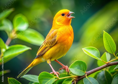 Vibrant yellow canary perched on a delicate branch, surrounded by lush green leaves, singing sweet melodious song, with bright black eyes and orange beak.