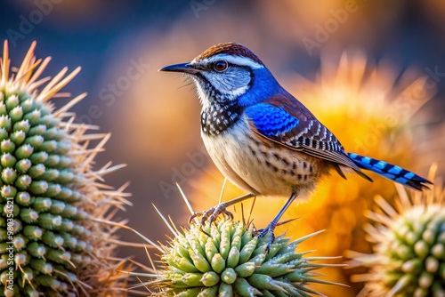 Vibrant blue and white cactus wren perches atop spiny desert shrub, showcasing intricate plumage in stark contrast to arid, rust-hued natural habitat surroundings.