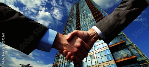 Businessman engaging in a handshake outside corporate office with promotional banner displayed