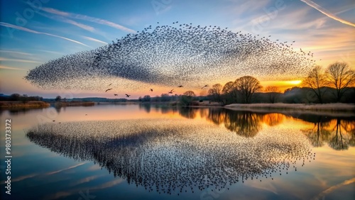 Murmuration of starlings forms mesmerizing patterns in the sky, casting a mirrored reflection on the calm lake water, creating a stunning natural symphony.