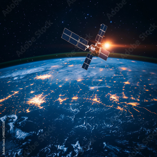 A communications satellite orbiting Earth in space. The satellite’s antenna broadcasts digital radio or satellite TV signals, set against an abstract technology background. Represents a future concept