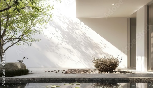 Minimalist courtyard with a bird, a nest, and a reflecting pool.