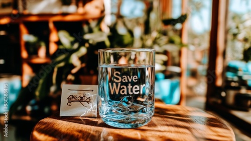 aso de agua con el texto "Save Water" en un entorno iluminado por el sol. La decoración del fondo y las plantas realzan el mensaje de sostenibilidad y cuidado del medio ambiente.