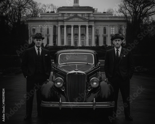 Standing in front of a classic car and an old mansion, two men in dark suits and ties project an air of formality and unease.