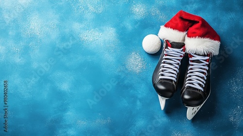 A close-up view shows a pair of hockey skates adorned with a small Santa hat and a white puck, creating a playful holiday spirit on a vibrant blue background