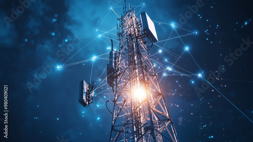 Urban broadband network technology concept. White high-speed mobile internet transmission tower emitting abstract communication signals. 5G wireless telecommunications infrastructure.