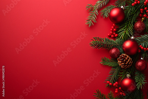 red christmas background with branch of christmas tree and baubles with copy space