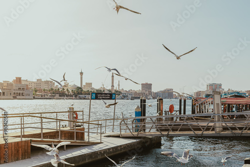 Dubai, UAE - January 6, 2020: Seagulls flying over Al Sabkha Water Taxi Station in Old Dubai with city skyline at sunset time