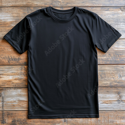 plain oversized black t shirt for mockups photorealistic on wood table, top view