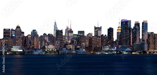 Panoramic view of Manhattan's illuminated skyline at dusk. Urban cityscape with tall buildings and waterfront, isolated on a white background. Concept of New York City