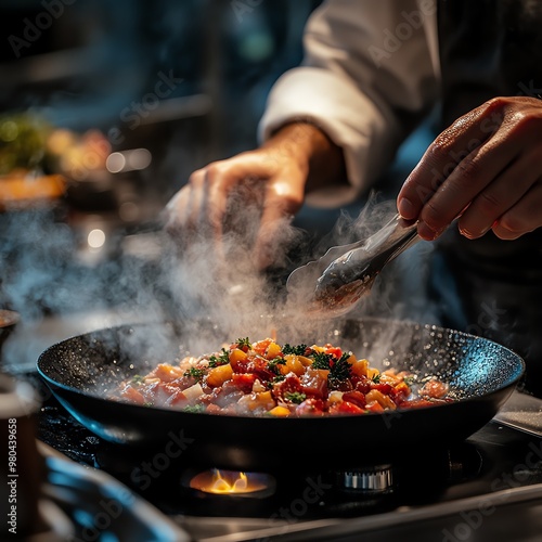 A chef skillfully sauteing colorful vegetables in a smoky kitchen, creating a delicious culinary masterpiece.