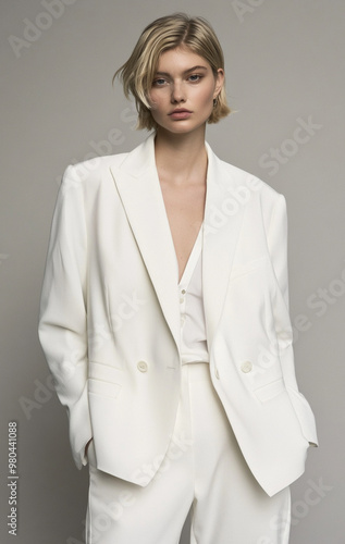 A female model is wearing an oversized white blazer and trousers, no buttons on it, she poses in front of grey background, her hair cut into short