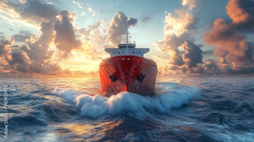 Cargo Ship Sailing Through Dramatic Sunset Seascape