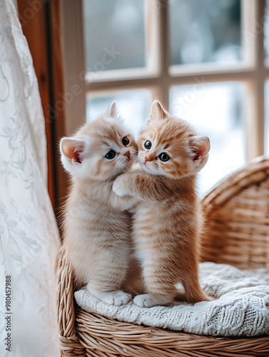 Two adorable kittens cuddling on a wicker chair near a window.