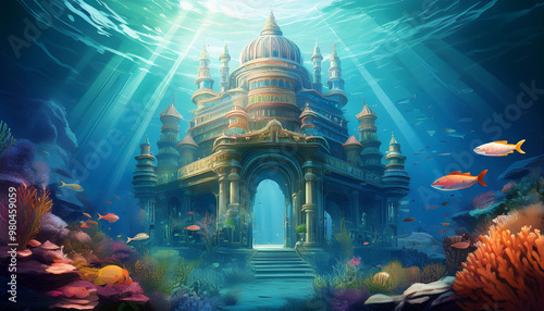 Majestic underwater kingdom building, towering beneath the ocean's surface.