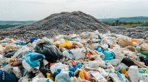 An overflowing landfill site with mountains of trash, visualizing the environmental impact of waste management.