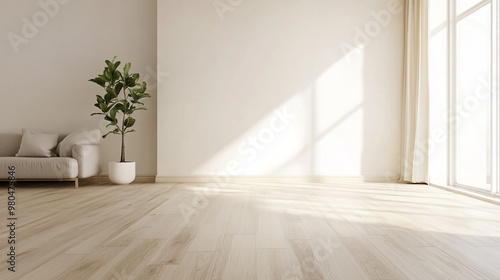 3d render of modern empty room with wooden floor and large white plain wall. large luxury modern bright interiors room illustration 3D rendering.