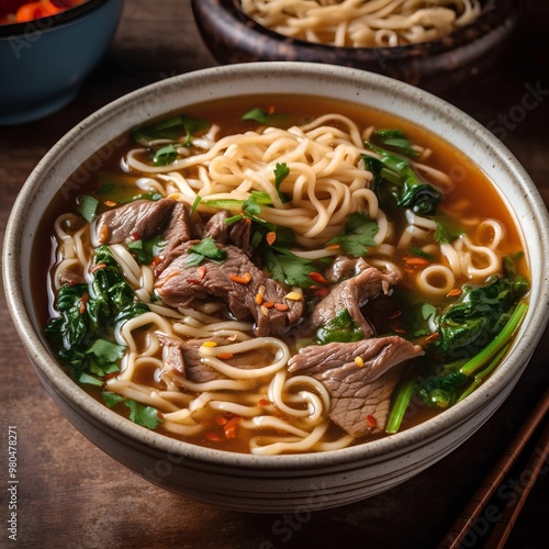 Asian style noodle soup with beef and vegetables in bowl, selective focus