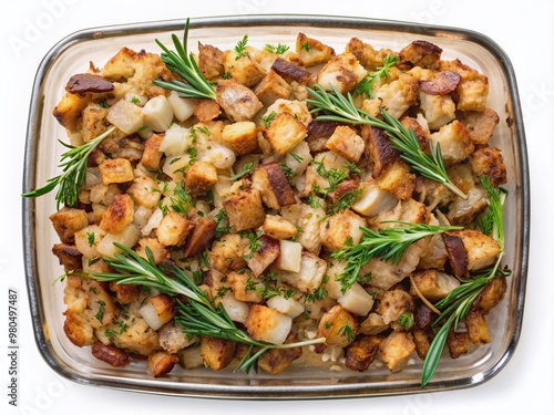 Delicious homemade turkey stuffing with herbs and onions isolated on white transparent background, perfect for Thanksgiving holiday celebration, top view, freshly prepared side dish.