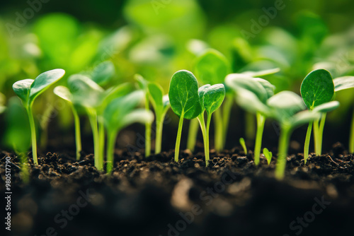 Young seedlings growing in fertile soil under sunlight, symbolizing growth and new beginnings