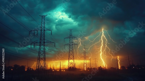 Lightning striking by electrical towers during stormy sunset