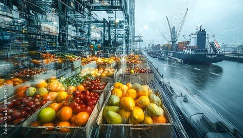 A double exposure photo of a cargo ship in a harbor and crates of fresh fruit in a market, symbolizing international trade.