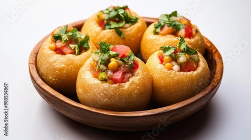 pani puri is filled with mint, chany and tomatoes, dahi oozing out of it