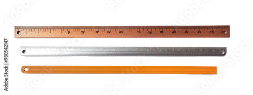 PNG Images, Various rulers in a neat arrangement showcasing measurement tools on a clean surface, Transparent background.