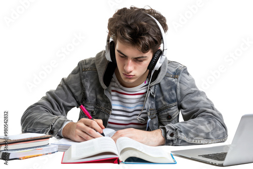 PNG Images, Young student concentrating while studying with headphones, Transparent background.