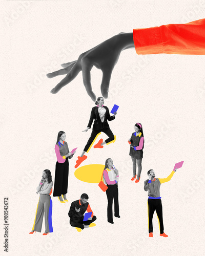 Giant hand picking up woman from group of candidates, highlighting selection of best candidate for the job. Contemporary art collage. Concept of business, employment and labor, career