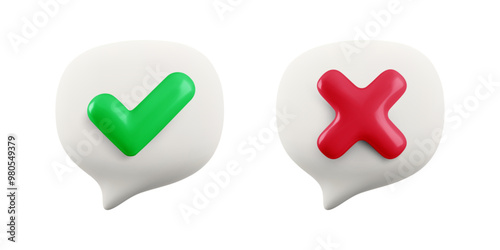 Vector cartoon minimal 3d white speech bubble with green check mark and red X icon set. Realistic render of yes tick and no cross sign message. Social media comment buttons. Right and wrong set.