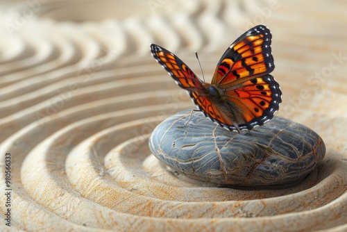 A vibrant orange butterfly resting on a stone in a zen garden, symbolizing balance, tranquility, and the harmony of nature.