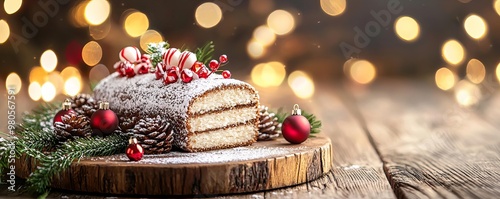 Mini Yule log cakes topped with powdered sugar and festive decorations, served on a rustic holiday platter, Christmas snacks, Yule log dessert concept