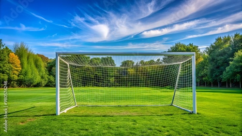 Two perpendicular uprights and a horizontal crossbar, standing empty and unremarkable on a grassy field, awaiting the energy of a soccer match.