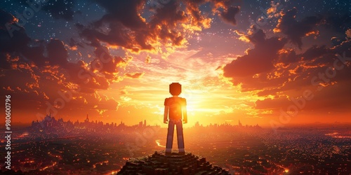 A block-shaped character standing before a stunning digital sunset, blending fantasy and creativity in an abstract and vibrant representation of digital art and video game design.