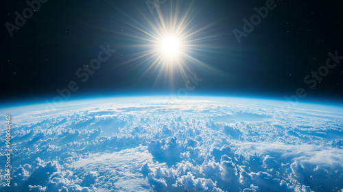 Clouds on planet Earth from space, rising shining sun, satellite view of stratosphere cloudscape