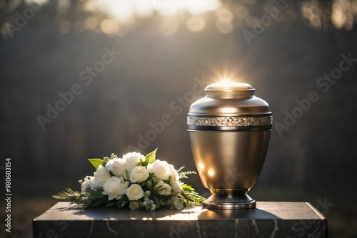 Gold Funeral Urn with White Rose Bouquet in Soft Sunlight