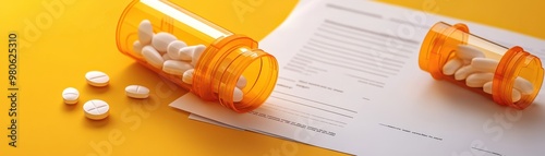 Close-up of spilled prescription pills beside a medical form on a vibrant yellow background, symbolizing medication and health care.