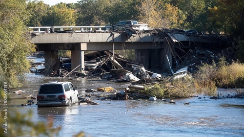 A collapsed bridge over a river, with vehicles and debris partially submerged in the water