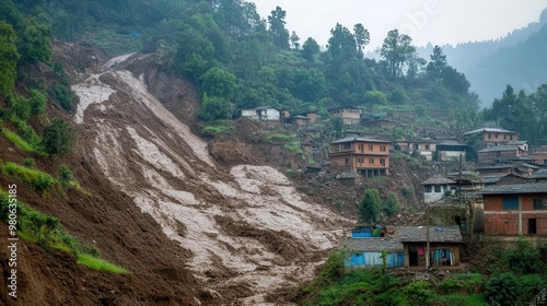 A landslide burying a village, with mud and rocks cascading down a steep hillside