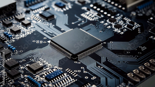 Close-up of a circuit board, containing integrated electronic components, including a processor and memory.