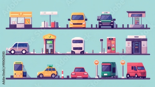 "Colorful Vehicles and Stations Illustrated in Modern Style"