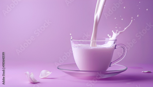 Milk is poured into a transparent cup on a purple background