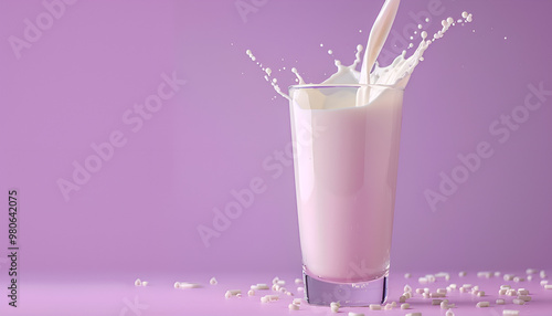 Milk is poured into a transparent cup on a purple background