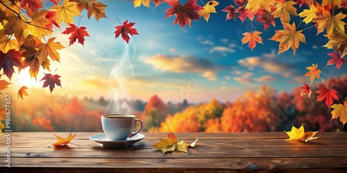 Autumn leaves glow warmly beneath a tranquil sky, where wisps of steam rise from a steaming cup, filling