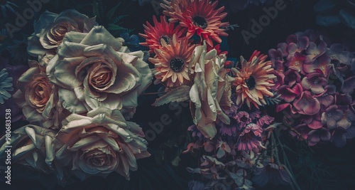 Vintage artificial flowers in a dark and moody setting.